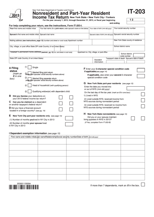 Fillable Form It-203 - Nonresident And Part-Year Resident Income Tax Return - 2013 Printable pdf