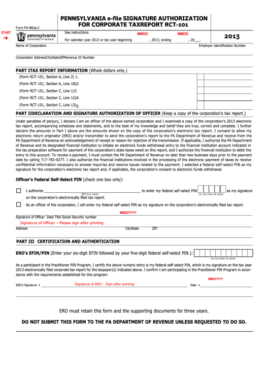 Fillable Form Pa-8879-C - Pennsylvania E-File Signature Authorization For Corporate Tax Report Rct-101 - 2013 Printable pdf