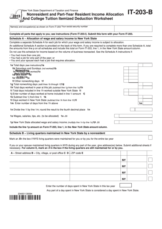 Fillable Form It-203-B - Nonresident And Part-Year Resident Income Allocation And College Tuition Itemized Deduction Worksheet - 2013 Printable pdf