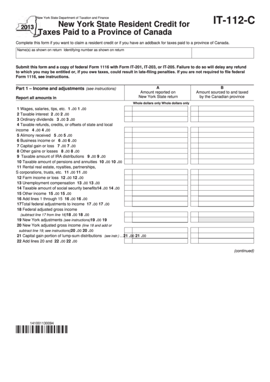 Fillable Form It-112-C - New York State Resident Credit For Taxes Paid To A Province Of Canada - 2013 Printable pdf