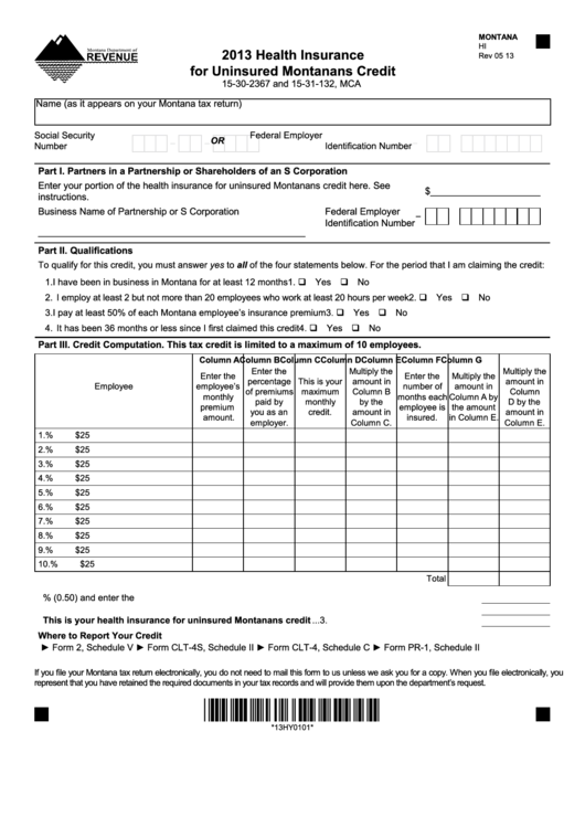 Montana Form Hi - Health Insurance For Uninsured Montanans Credit - 2013 Printable pdf