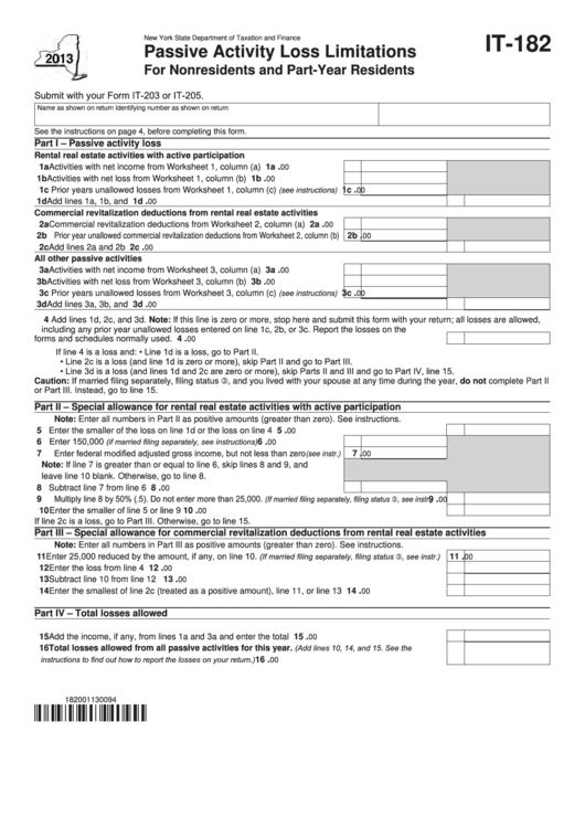 Fillable Form It-182 - Passive Activity Loss Limitations - 2013 Printable pdf