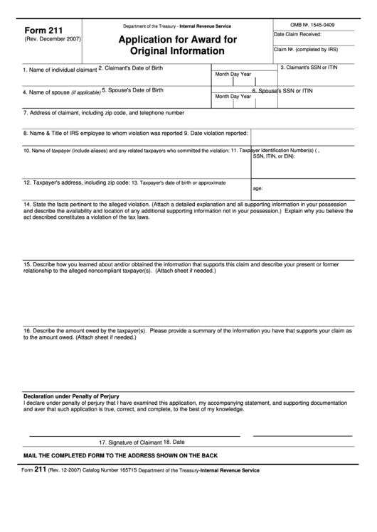 Fillable Form 211 - Application For Award For Original Information Printable pdf