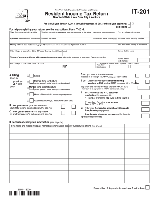 Fillable Form It-201 - Resident Income Tax Return - 2013 Printable pdf