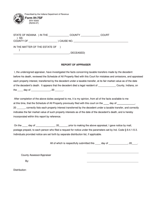 Fillable Form Ih-7sf - Report Of Appraiser Printable pdf