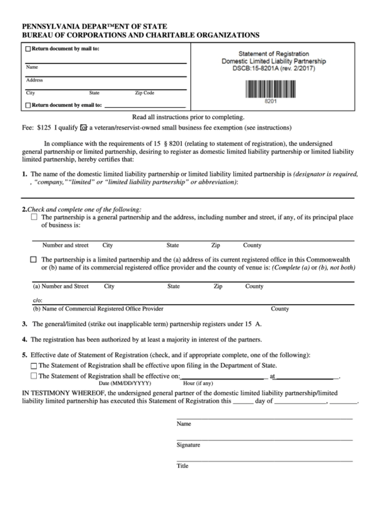 Statement Of Registration Domestic Limited Liability Partnership - Pennsylvania Department Of State Printable pdf