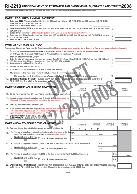 Fillable Form Ri-2210 Draft - Underpayment Of Estimated Tax By Individuals, Estates And Trusts - 2008 Printable pdf