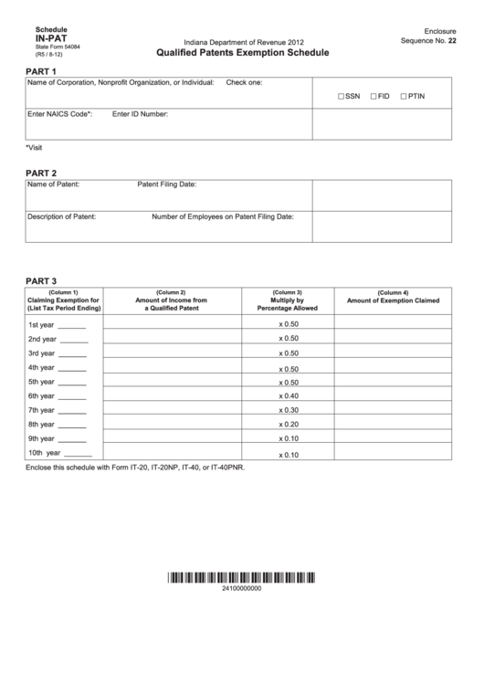 State Form 54084 - Schedule In-Pat - Qualified Patents Exemption Schedule Printable pdf