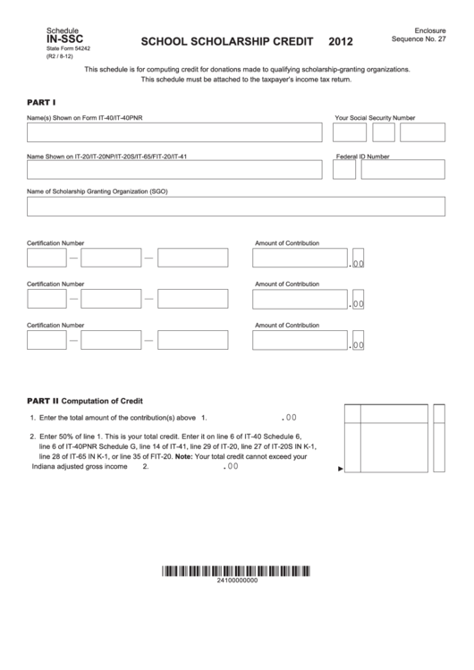 Fillable State Form 54242 - Schedule In-Ssc - School Scholarship Credit - 2012 Printable pdf