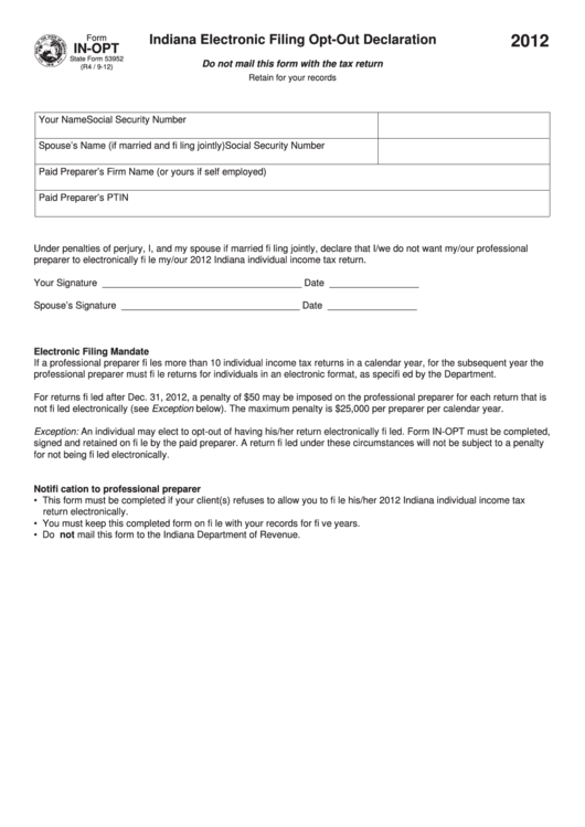Fillable Form In-Opt - Indiana Electronic Filing Opt-Out Declaration - 2012 Printable pdf