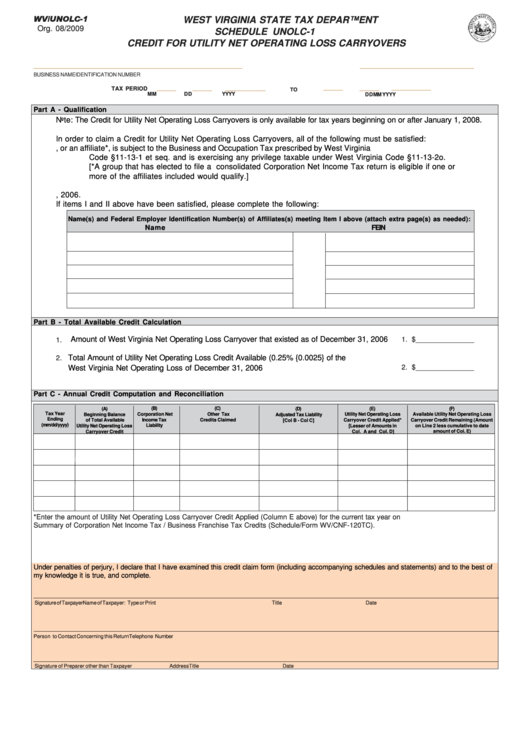 Form Wv/unolc-1 - West Virginia State Tax Department Schedule Unolc-1 Printable pdf