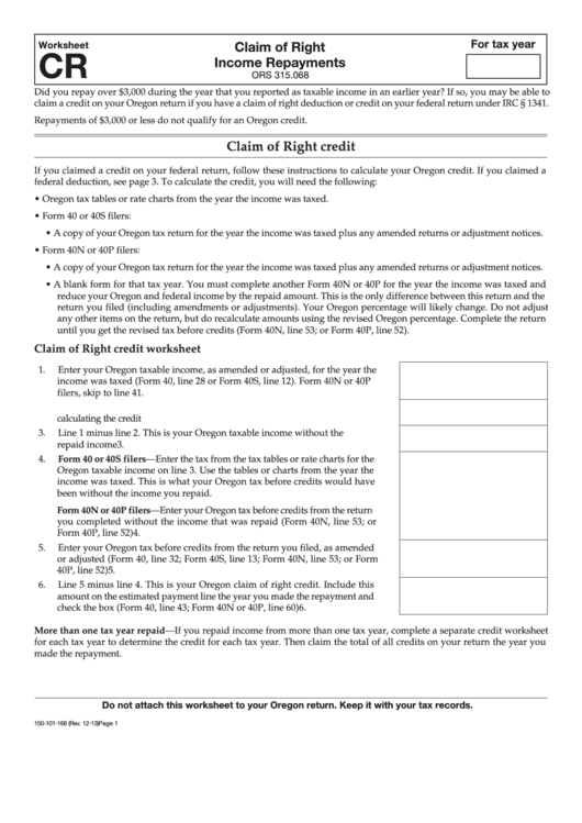 Fillable Worksheet Cr - Claim Of Right Income Repayments Printable pdf