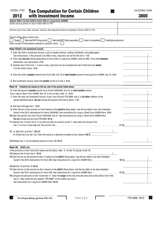 Fillable California Form 3800 - Tax Computation For Certain Children With Investment Income - 2012 Printable pdf