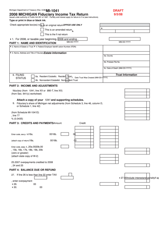 Form Mi-1041 Draft - Michigan Fiduciary Income Tax Return - 2008 Printable pdf
