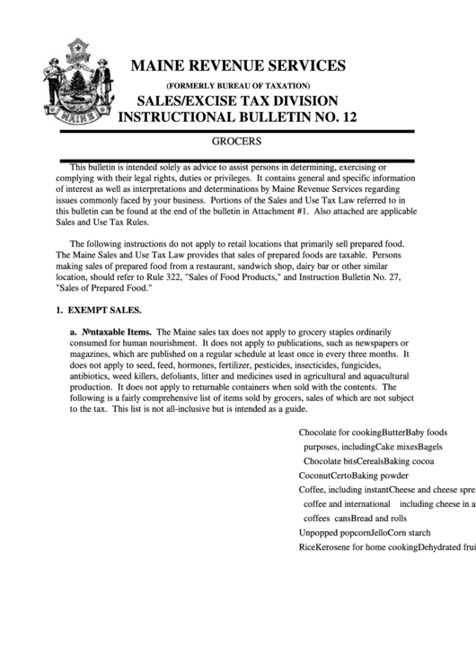 Sales/excise Tax Division Instructional Bulletin No. 12 Printable pdf