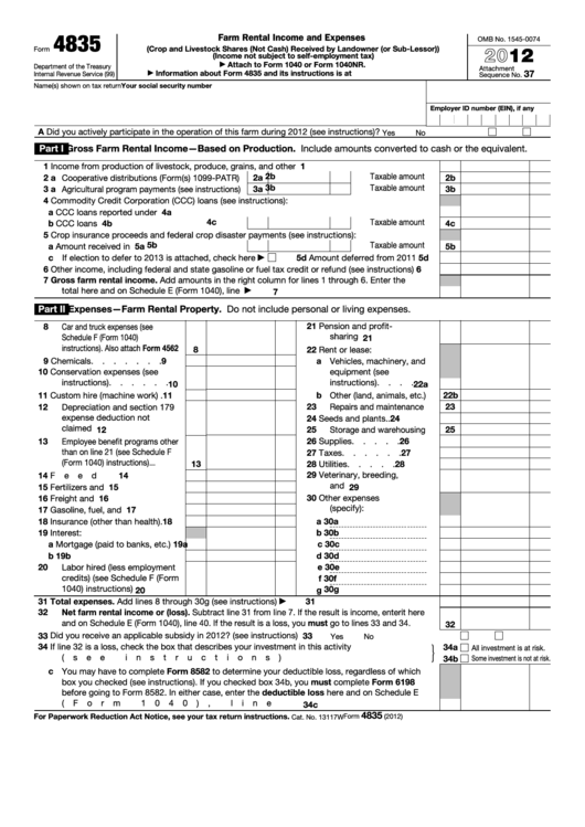Fillable Form 4835 - Farm Rental Income And Expenses - 2012 Printable pdf
