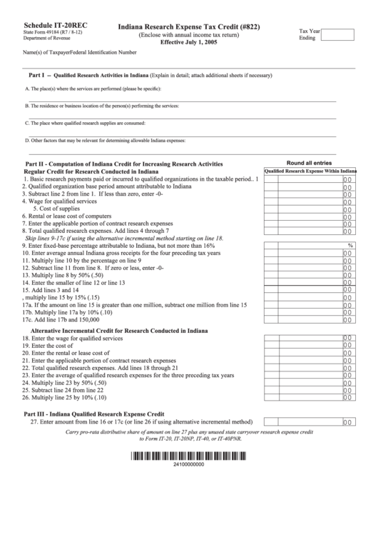 State Form 49184 - Schedule It-20rec - Indiana Research Expense Tax Credit Printable pdf
