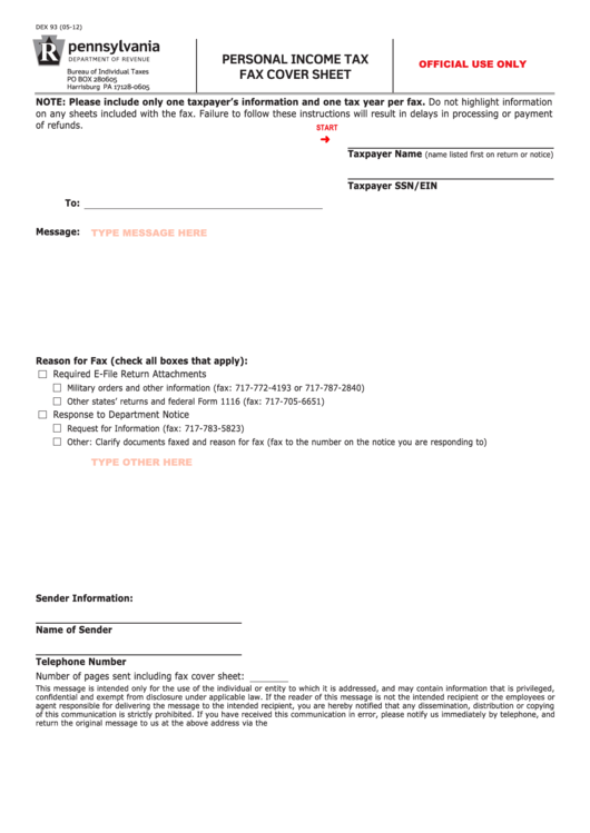 Fillable Form Dex 93 - Personal Income Tax Fax Cover Sheet Printable pdf