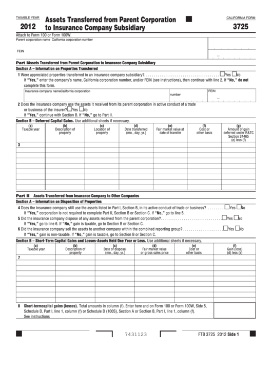 Fillable California Form 3725 - Assets Transferred From Parent Corporation To Insurance Company Subsidiary - 2012 Printable pdf