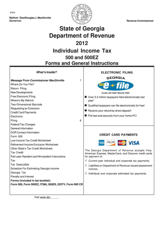 Form It 511 - Individual Income Tax 500 And 500ez Forms And General Instructions - 2012 Printable pdf