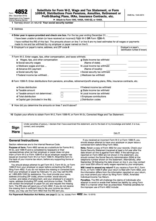 Form 4852 - Substitute For Form W-2, Wage And Tax Statement, Or Form 1099-r, Distributions From Pensions, Annuities, Retirement Or Profit-sharing Plans, Iras, Insurance Contracts, Etc.