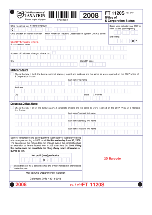 Form Ft 1120s - Notice Of S Corporation Status - 2008 Printable pdf