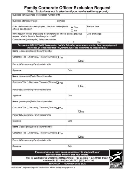 Fillable Family Corporate Officer Exclusion Request Form Printable pdf
