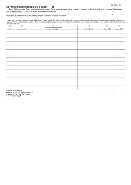 Fillable Arizona Form 800nr - Schedule E-1, E-2 Printable pdf