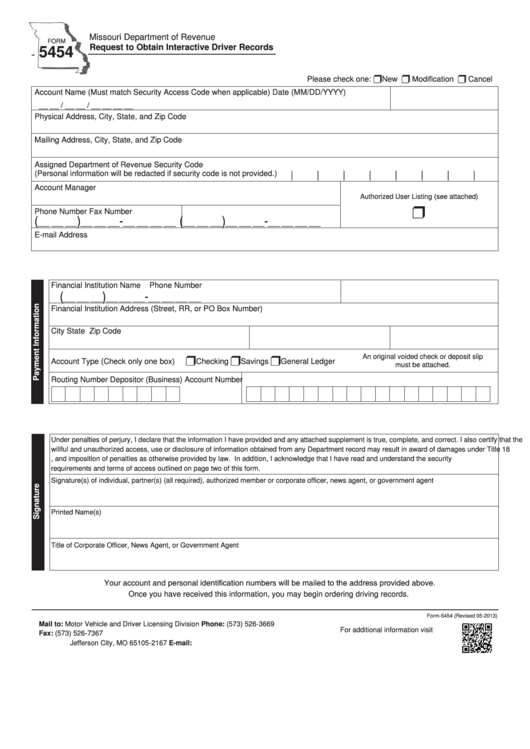 Fillable Form 5454 - Request To Obtain Interactive Driver Records Printable pdf