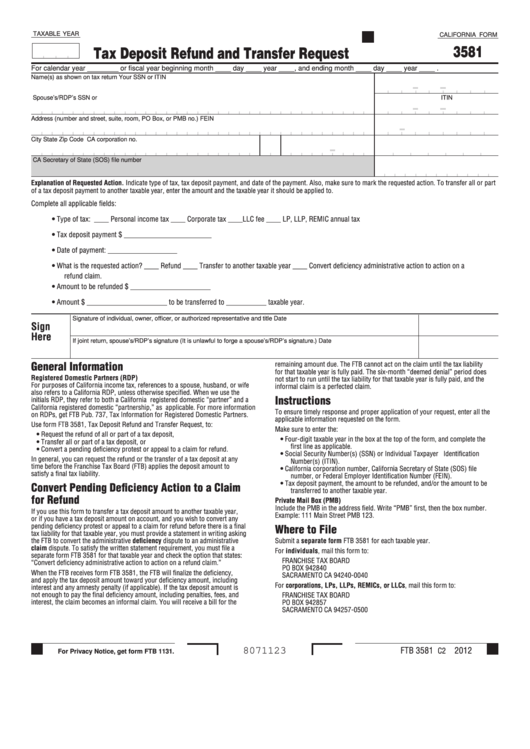 Fillable California Form 3581 - Tax Deposit Refund And Transfer Request Printable pdf