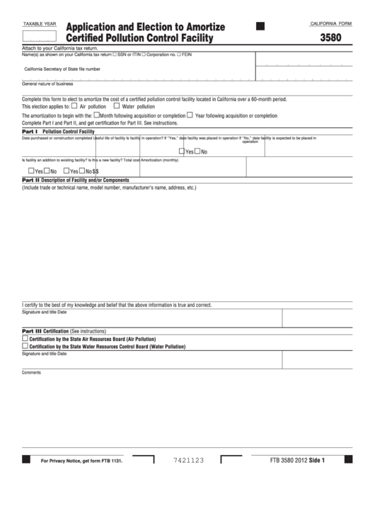 Fillable California Form 3580 - Application And Election To Amortize Certified Pollution Control Facility Printable pdf