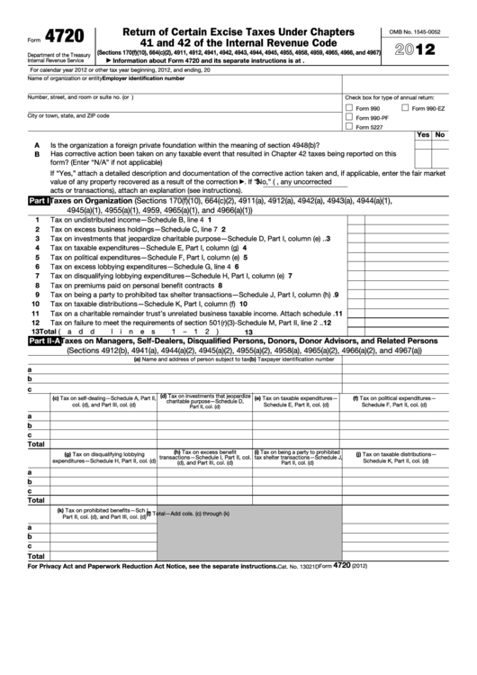 Fillable Form 4720 - Return Of Certain Excise Taxes Under Chapters 41 And 42 Of The Internal Revenue Code - 2012 Printable pdf