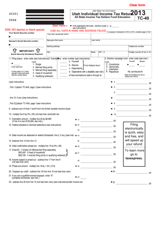 Fillable Form Tc-40 - Utah Individual Income Tax Return - 2013 Printable pdf