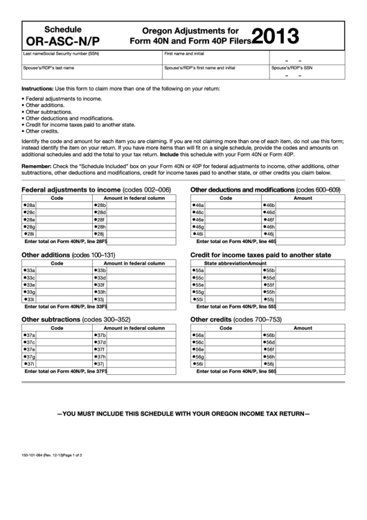 Fillable Schedule Or-Asc-N/p - Oregon Adjustments For Form 40n And Form 40p Filers - 2013 Printable pdf