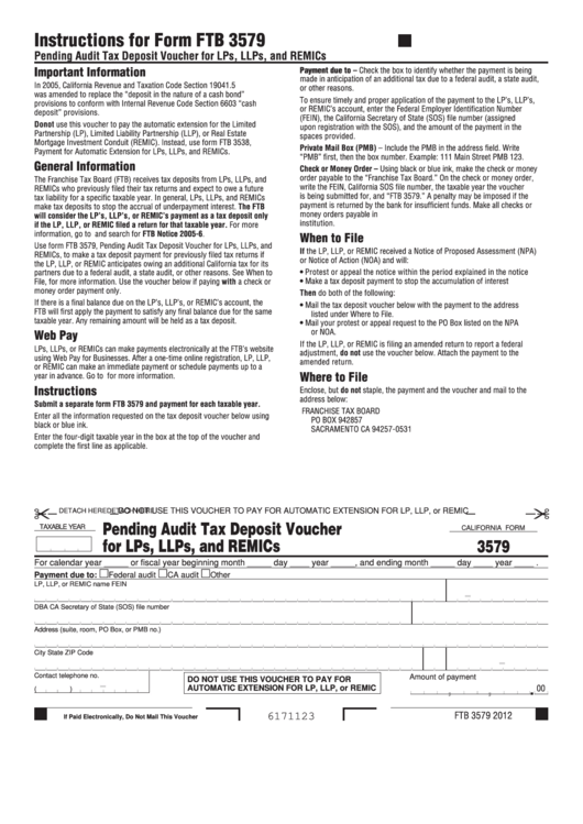 Fillable California Form 3579 - Pending Audit Tax Deposit Voucher For Lps, Llps, And Remics Printable pdf