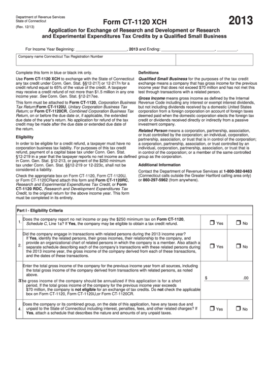 Form Ct-1120 Xch - Application For Exchange Of Research And Development Or Research And Experimental Expenditures Tax Credits By A Qualified Small Business - 2013 Printable pdf
