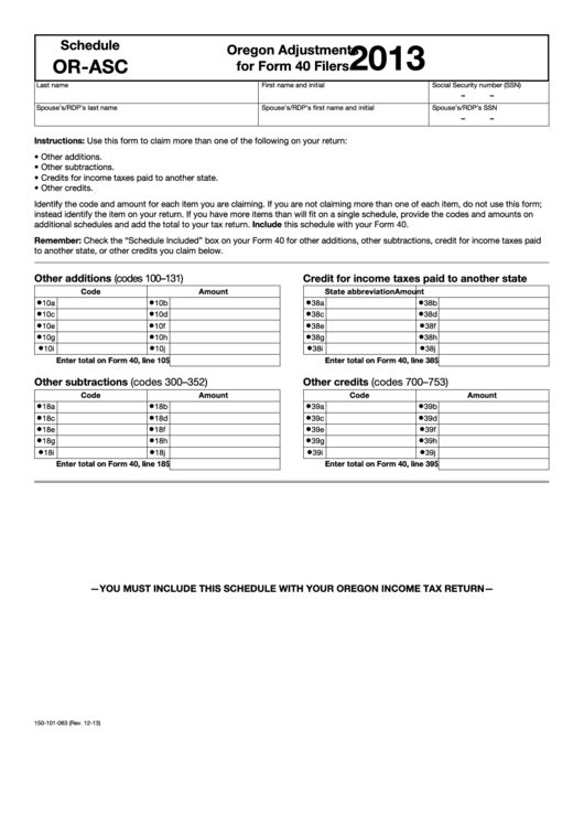 Fillable Schedule Or-Asc - Oregon Adjustments For Form 40 Filers - 2013 Printable pdf