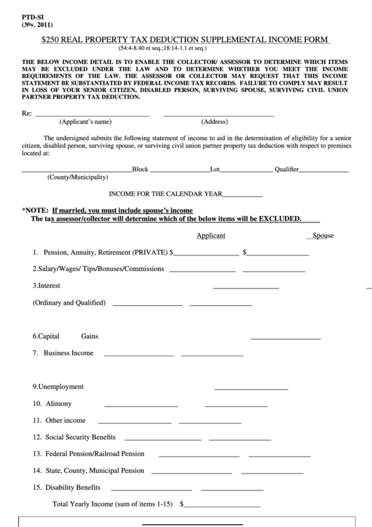 Fillable Form Ptd-Si - E Real Property Tax Deduction Supplemental Income Form Printable pdf
