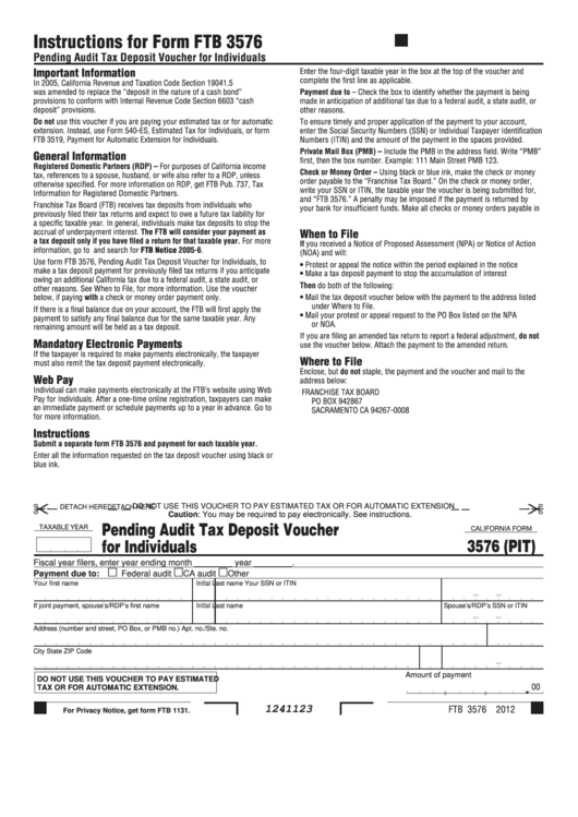 Fillable California Form 3576 (Pit) - Pending Audit Tax Deposit Voucher For Individuals Printable pdf