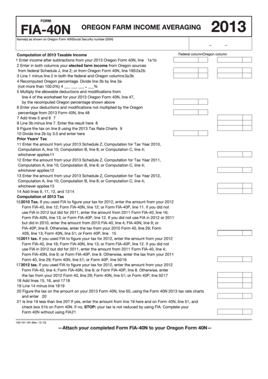 Fillable Form Fia-40n - Oregon Farm Income Averaging - 2013 Printable pdf