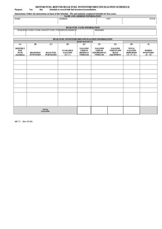 Fillable Schedule Mf-73 - Motor Fuel Refund Bulk Fuel Inventory/reconciliation Printable pdf
