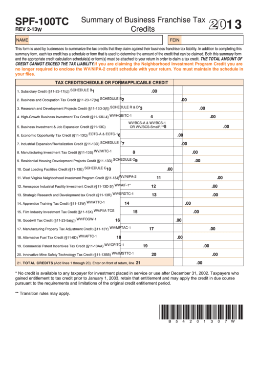 Form Spf-100tc - Summary Of Business Franchise Tax - 2013 Printable pdf