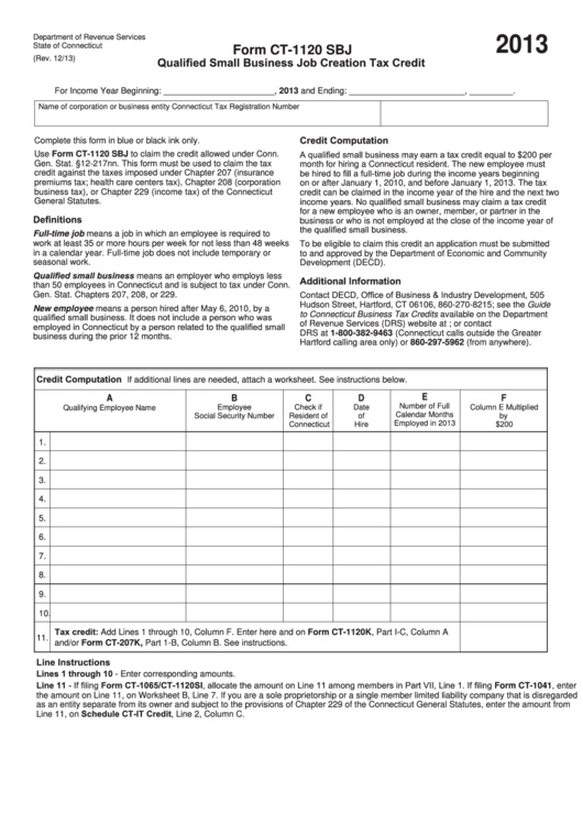 Form Ct-1120 Sbj - Qualified Small Business Job Creation Tax Credit - 2013