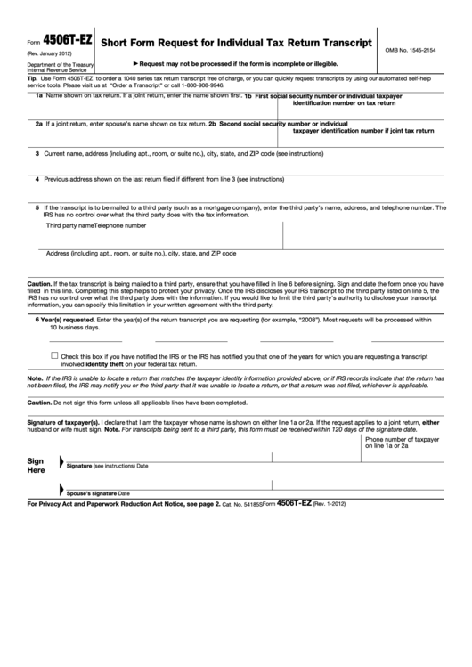 Fillable Form 4506t-Ez - Short Form Request For Individual Tax Return Transcript Printable pdf