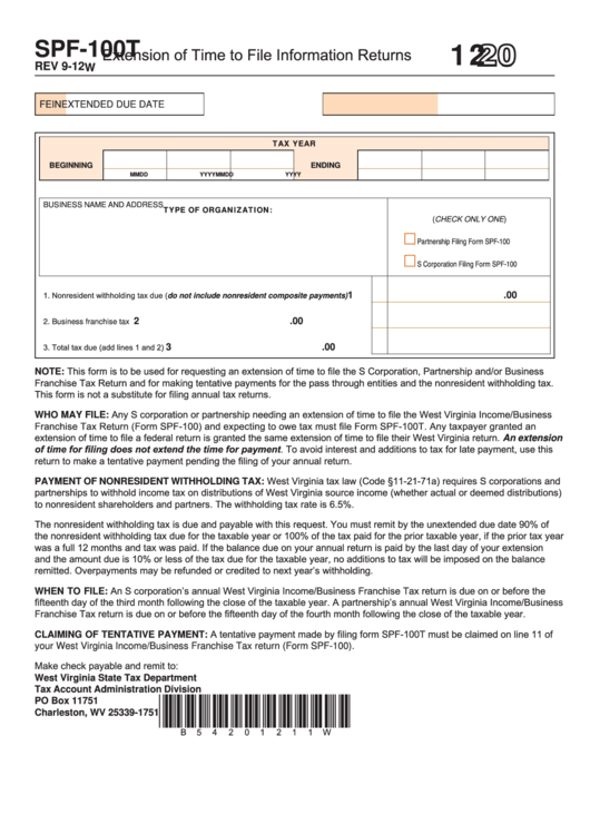 Form Spf-100t - Extension Of Time To File Information Returns - 2012 Printable pdf