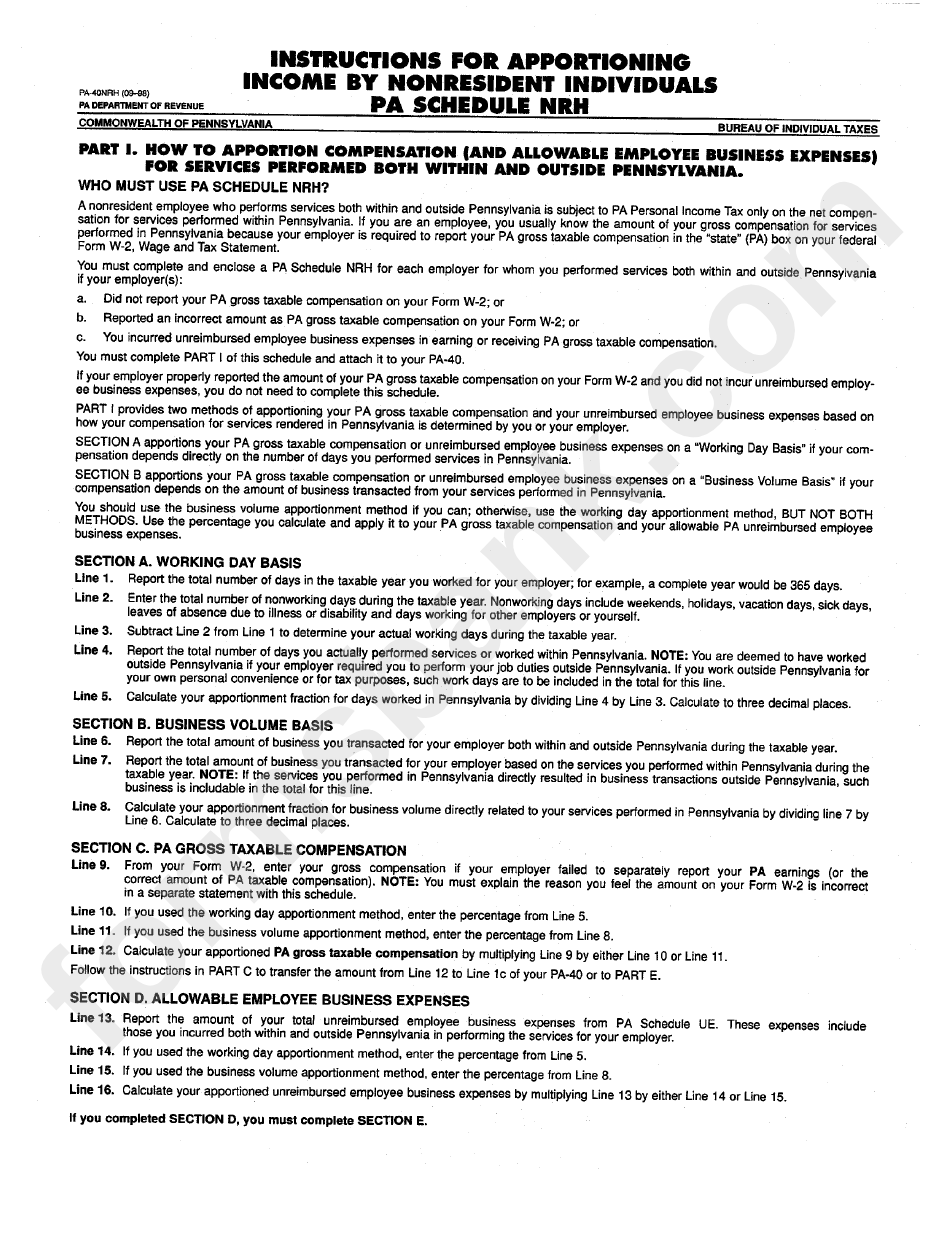 Form Pa-40nrh - Instructions For Apportioning Income By Nonresident Individuals - Pa Schedule Nrh