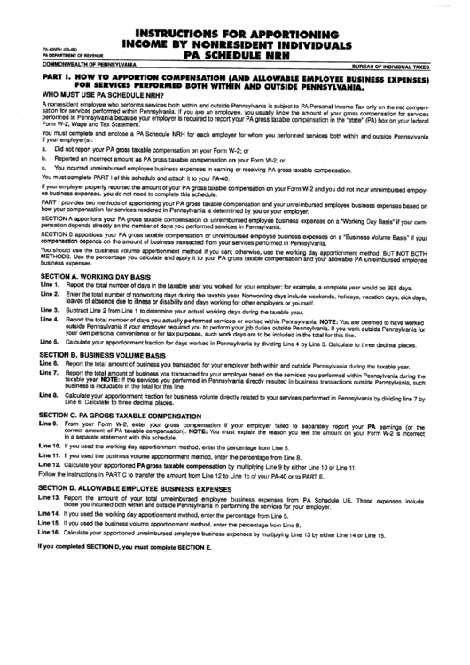 Form Pa-40nrh - Instructions For Apportioning Income By Nonresident Individuals - Pa Schedule Nrh Printable pdf