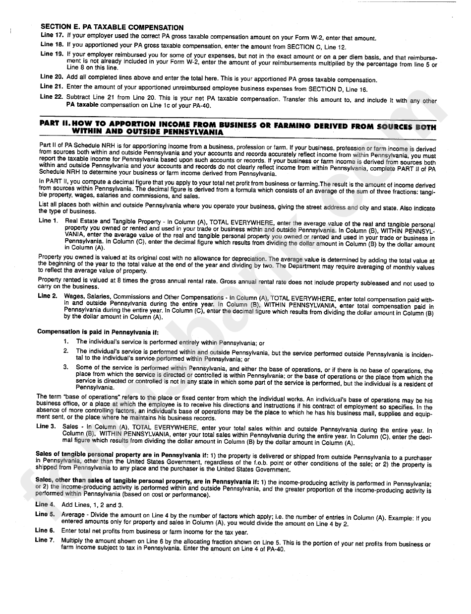 Form Pa-40nrh - Instructions For Apportioning Income By Nonresident Individuals - Pa Schedule Nrh