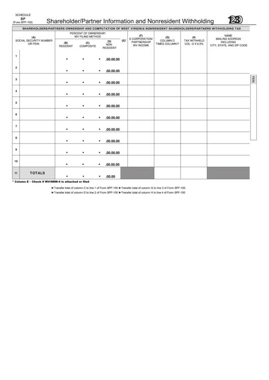 Form Spf-100 - Schedule Sp - Shareholder/partner Information And Nonresident Withholding - 2013 Printable pdf