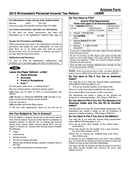 Arizona Form 140nr - Nonresident Personal Income Tax Return - 2013 Printable pdf